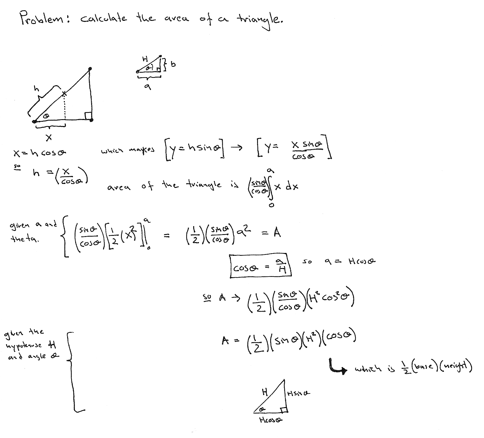 Area of a right triangle via integration