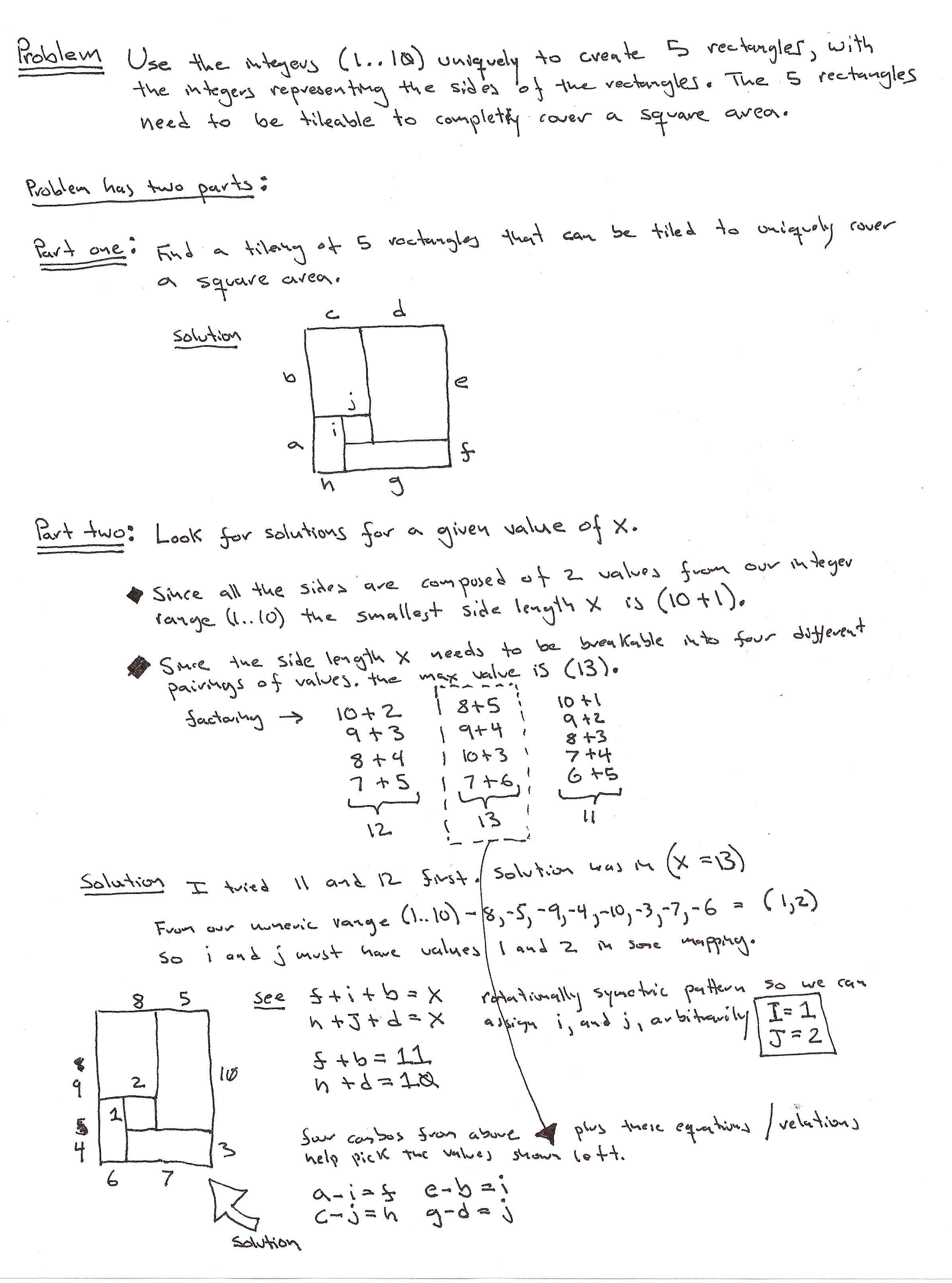 Find five rectangles with sides of length (1..10) that tile a square